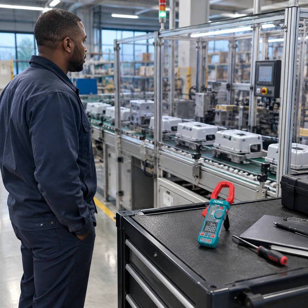 Total TMT7610002 clamp meter beside a conveyor operating normally after electrical testing
