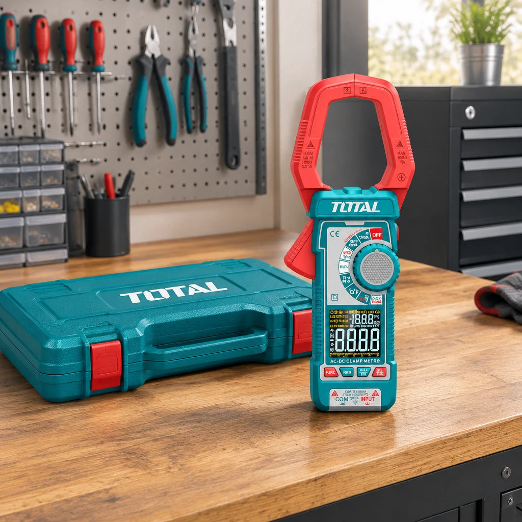 Total TMT7610002 clamp meter resting on an organised electrical service workshop bench