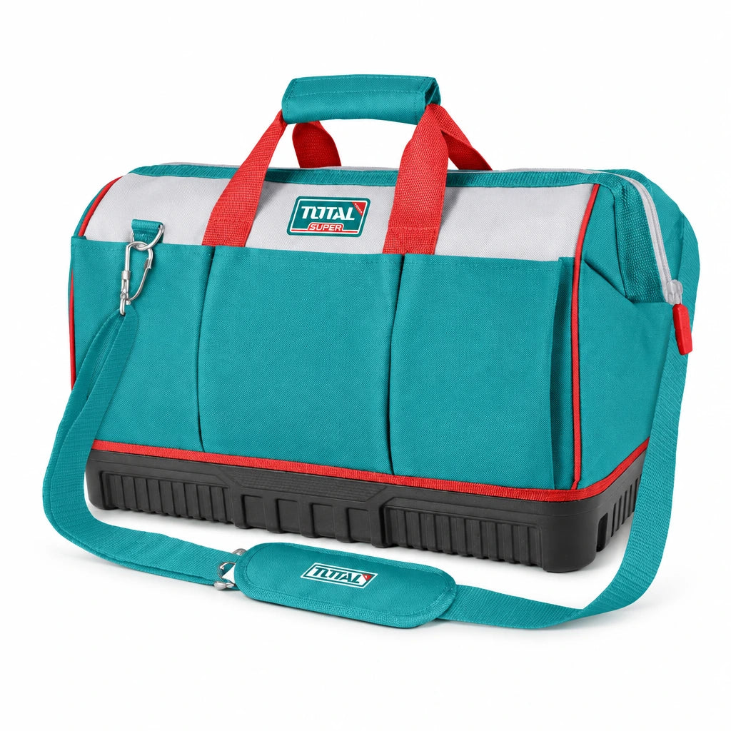 Total THT16163 16-inch turquoise heavy-duty tool bag with red handles, organiser pockets and reinforced black base on white background