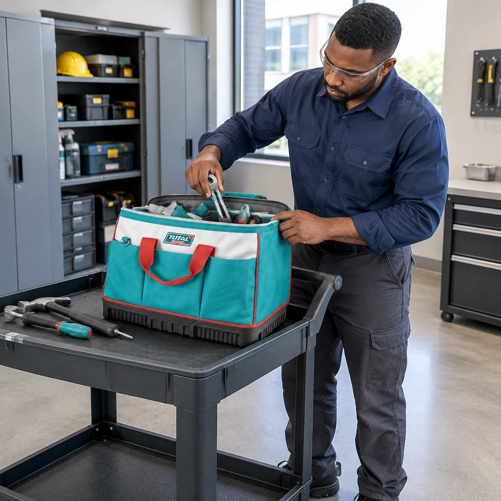 African American facilities worker transferring hand tools from an open Total THT16163 tool bag into a service cart
