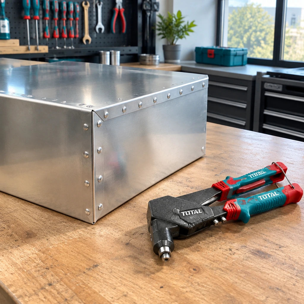 Finished aluminium panel with clean blind-riveted seam beside a Total THT32106 hand riveter