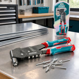 Total swivel-head hand riveter resting on an organised sheet-metal fabrication bench