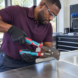 Technician using a Total THT32106 swivel-head riveter to join overlapping aluminium sheet