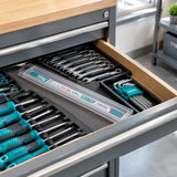 Packaged Total THT571246 replacement hacksaw blade stored in an organised metalworking tool drawer