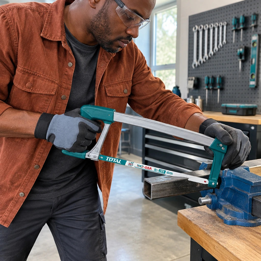 African American metalworker using a Total THT571246 blade in a manual hacksaw to cut a steel section
