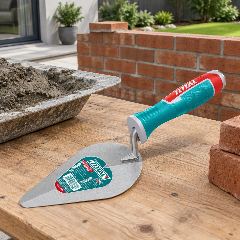 Total 200mm bricklaying trowel resting beside mortar and an unfinished brick garden wall in a clean renovation area