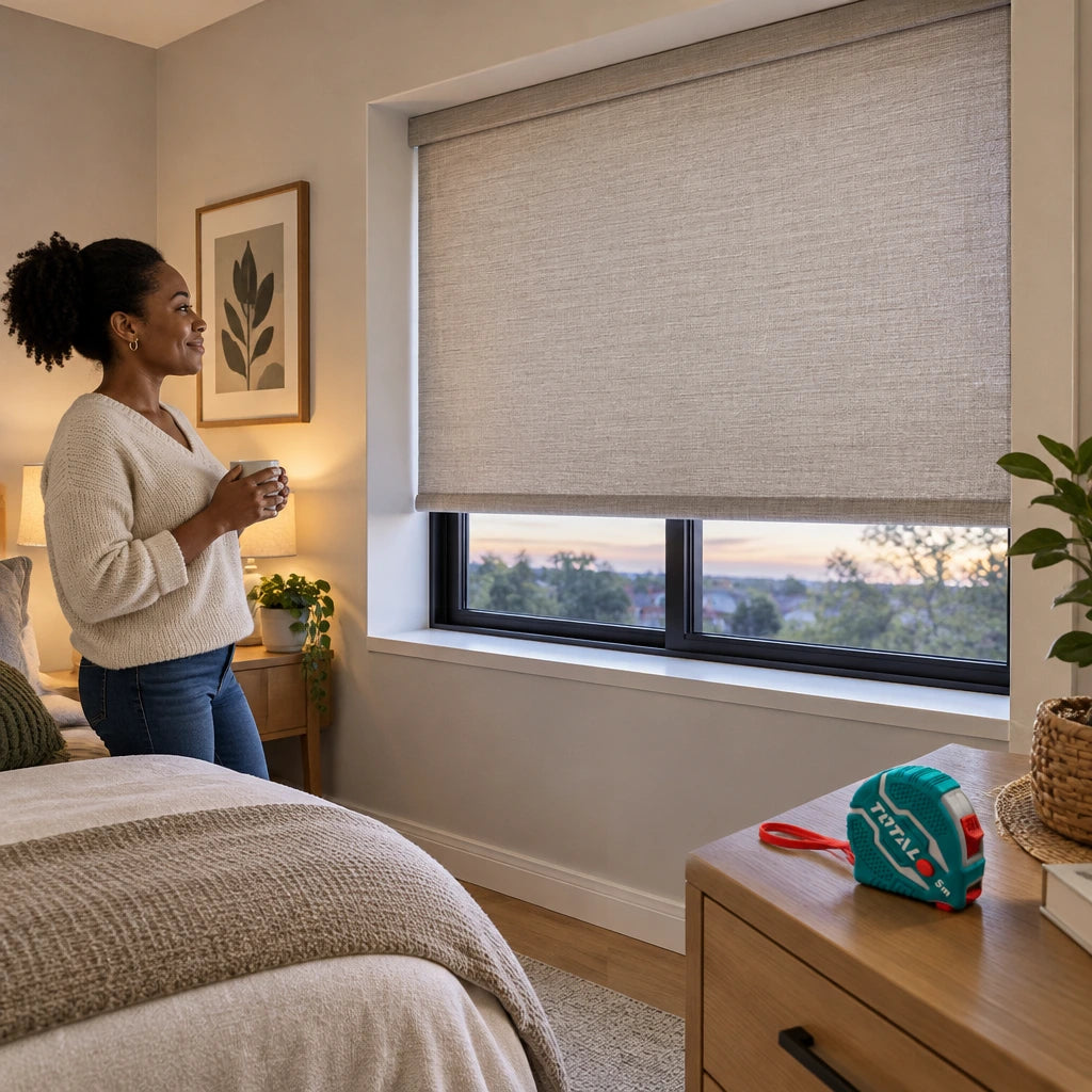 Finished bedroom window shade fitted neatly after measuring with a Total TMT126051 tape measure