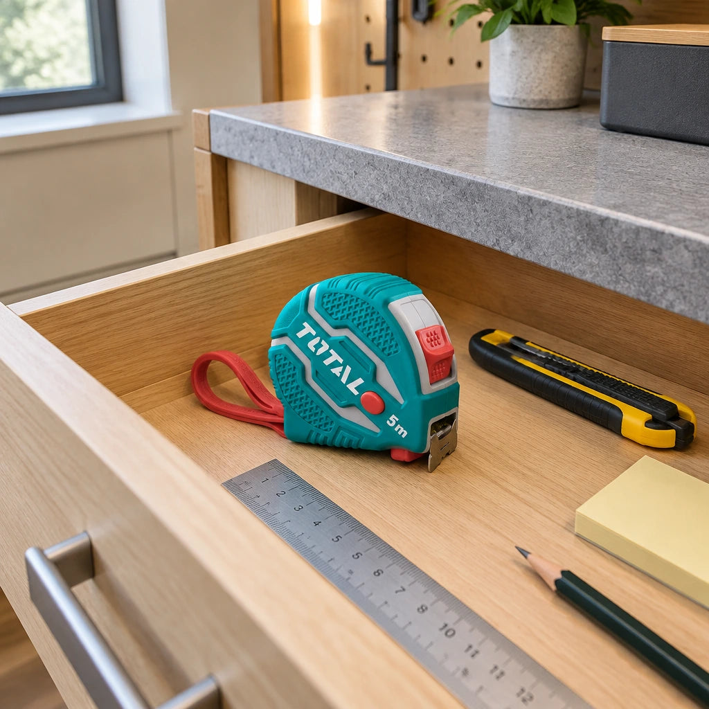 Total TMT126051 measuring tape stored in an organised contemporary home utility drawer