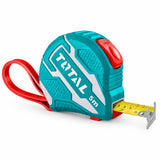 Total 5m teal and red self-locking steel measuring tape with yellow hooked blade on a white background