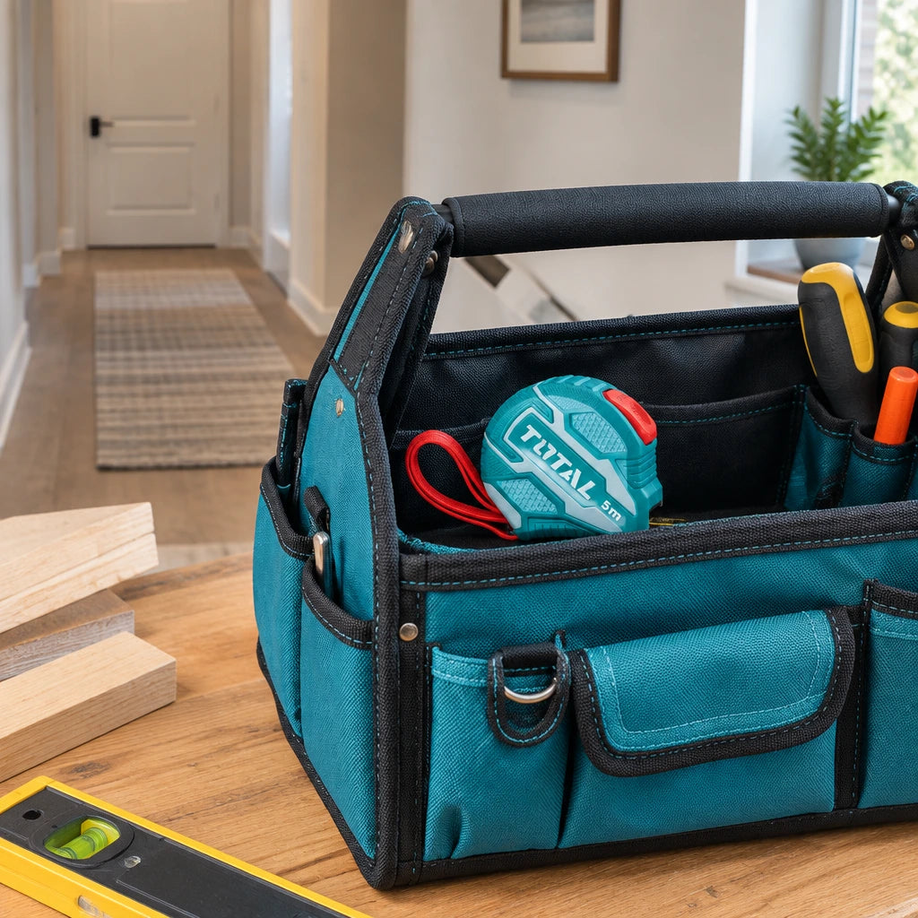 Total 5m self-locking measuring tape resting in an organised tool tote beside a refined hallway renovation area