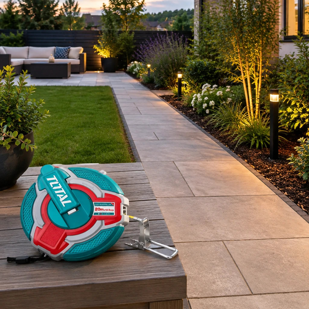 Completed contemporary garden path with a Total 20m steel measuring tape resting on a nearby work bench.