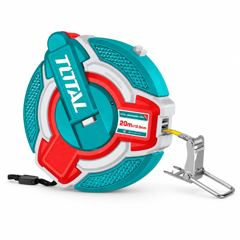 Total 20m long steel measuring tape with rubber-covered housing, integrated handle and hook end on white background.