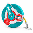 Total 20m double-sided fibreglass measuring tape with turquoise and red housing on white background