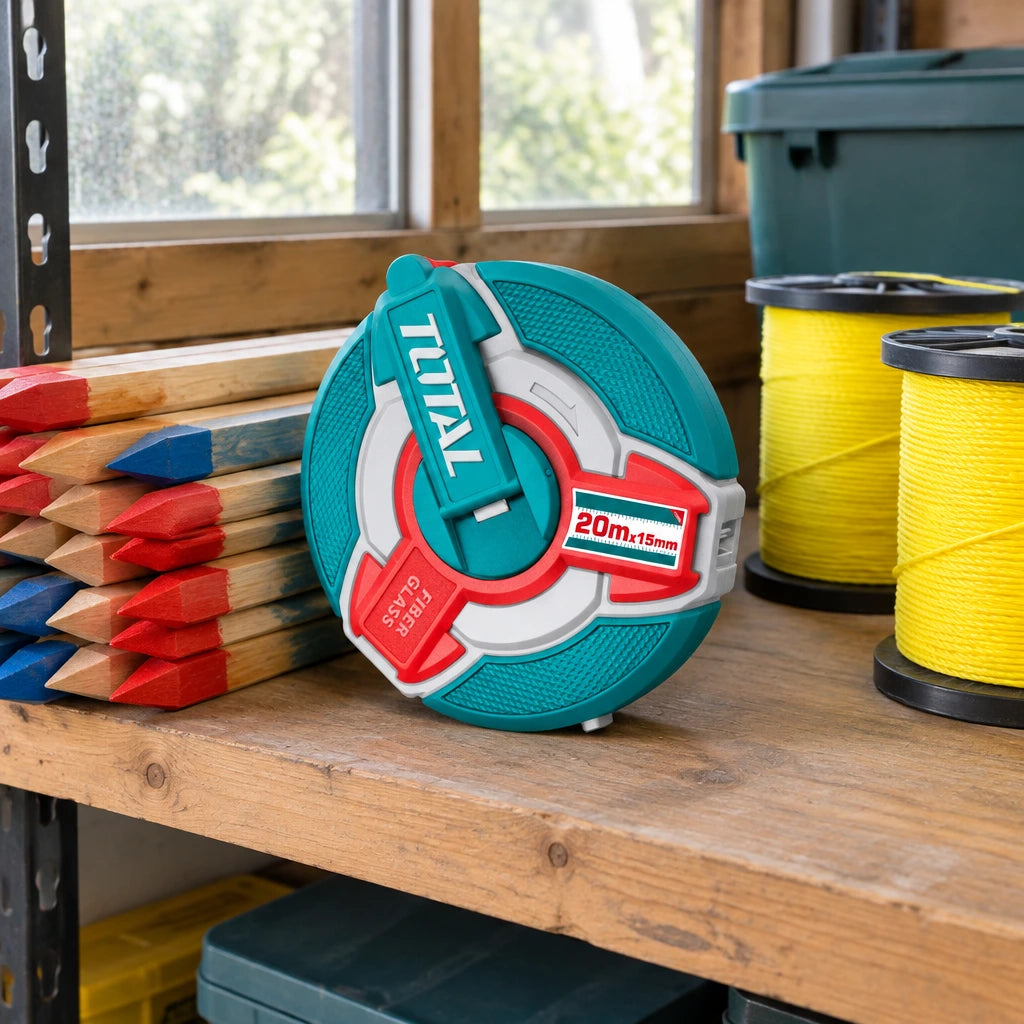 Rewound Total fibreglass measuring tape stored on a landscape contractor’s workshop shelf