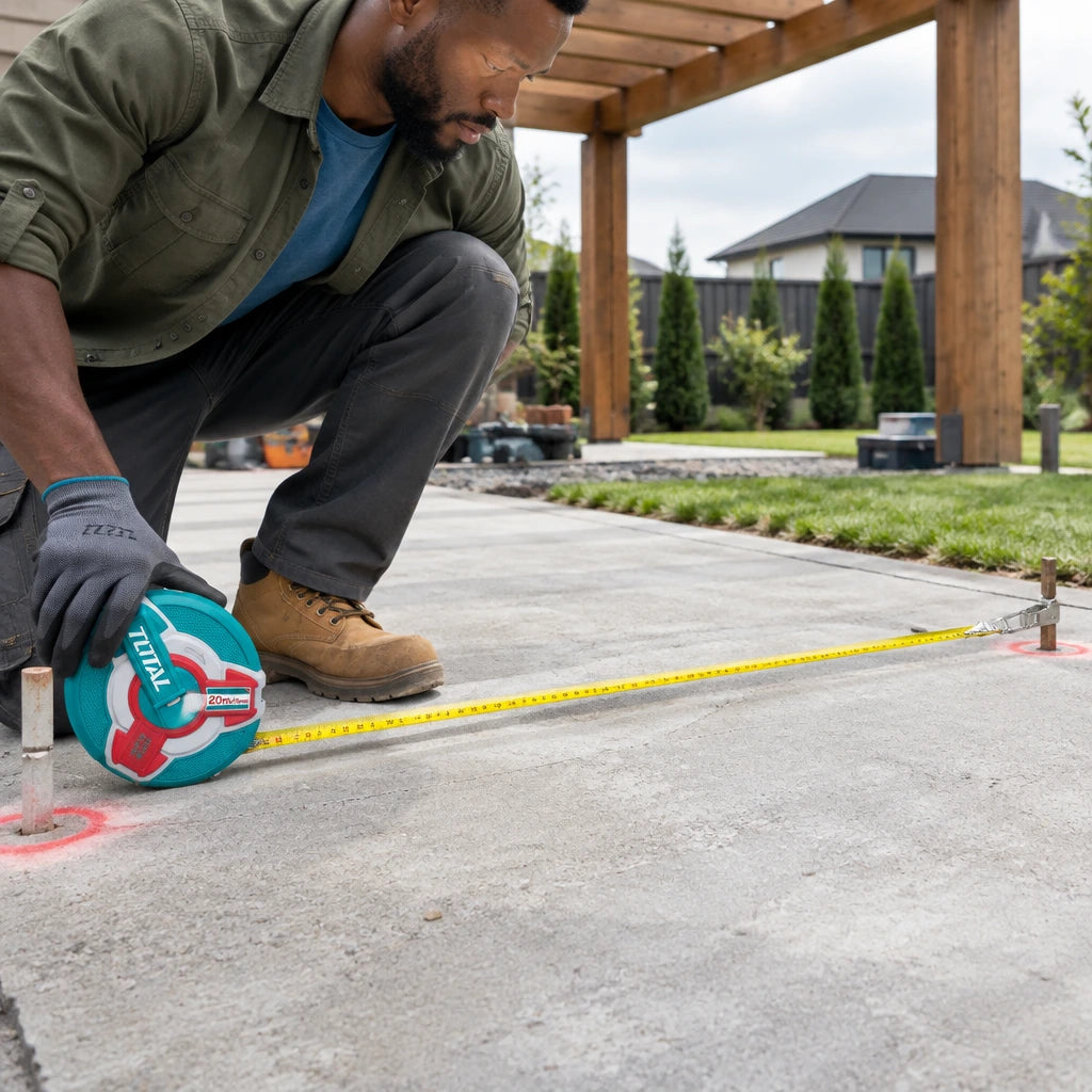 Landscape installer using a Total fibreglass tape to measure pergola footing spacing on a residential slab