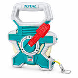 Total TMTF181006 100m reinforced fibreglass measuring tape with teal housing, red lock and yellow hooked blade on white background