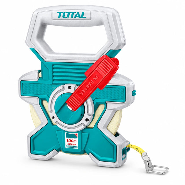 Total TMTF181006 100m reinforced fibreglass measuring tape with teal housing, red lock and yellow hooked blade on white background