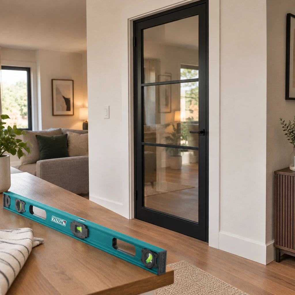 Completed aligned black steel-framed interior door with the Total 120cm spirit level resting nearby