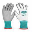Total TSPUG01 XL white PU-coated work glove pair with teal cuffs and red edging on white background