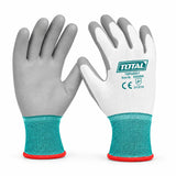 Total TSPUG01 XL white PU-coated work glove pair with teal cuffs and red edging on white background