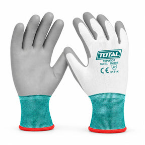 Total TSPUG01 XL white PU-coated work glove pair with teal cuffs and red edging on white background