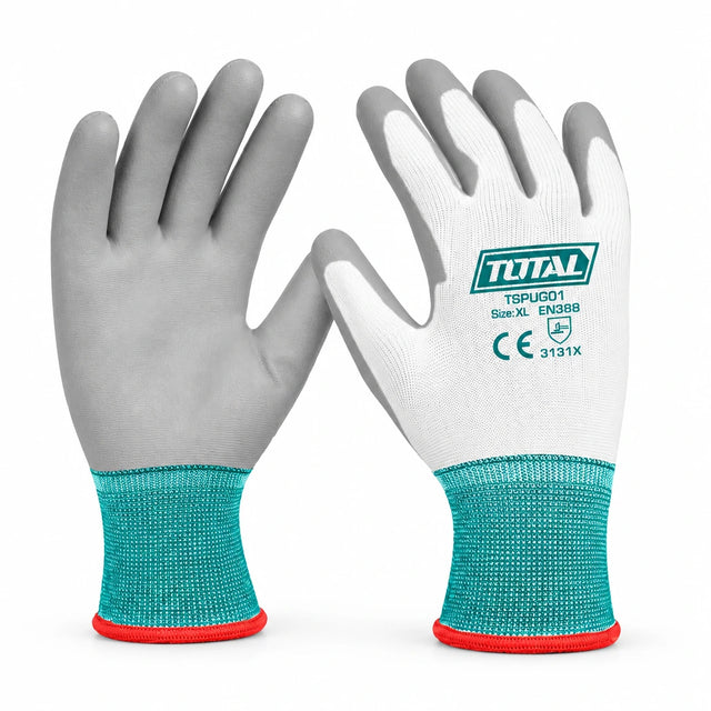 Total TSPUG01 XL white PU-coated work glove pair with teal cuffs and red edging on white background
