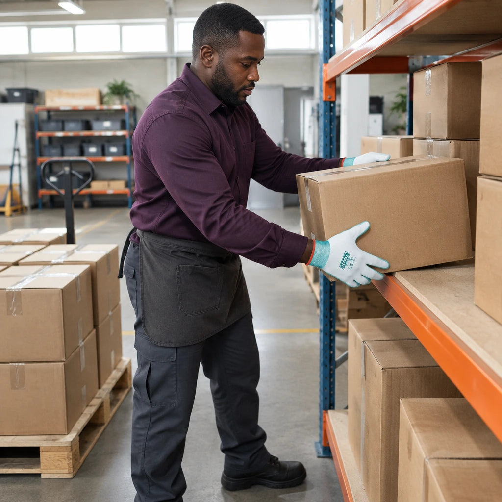 African American stockroom worker wearing Total TSPUG01 XL gloves while moving a sealed carton to a receiving shelf
