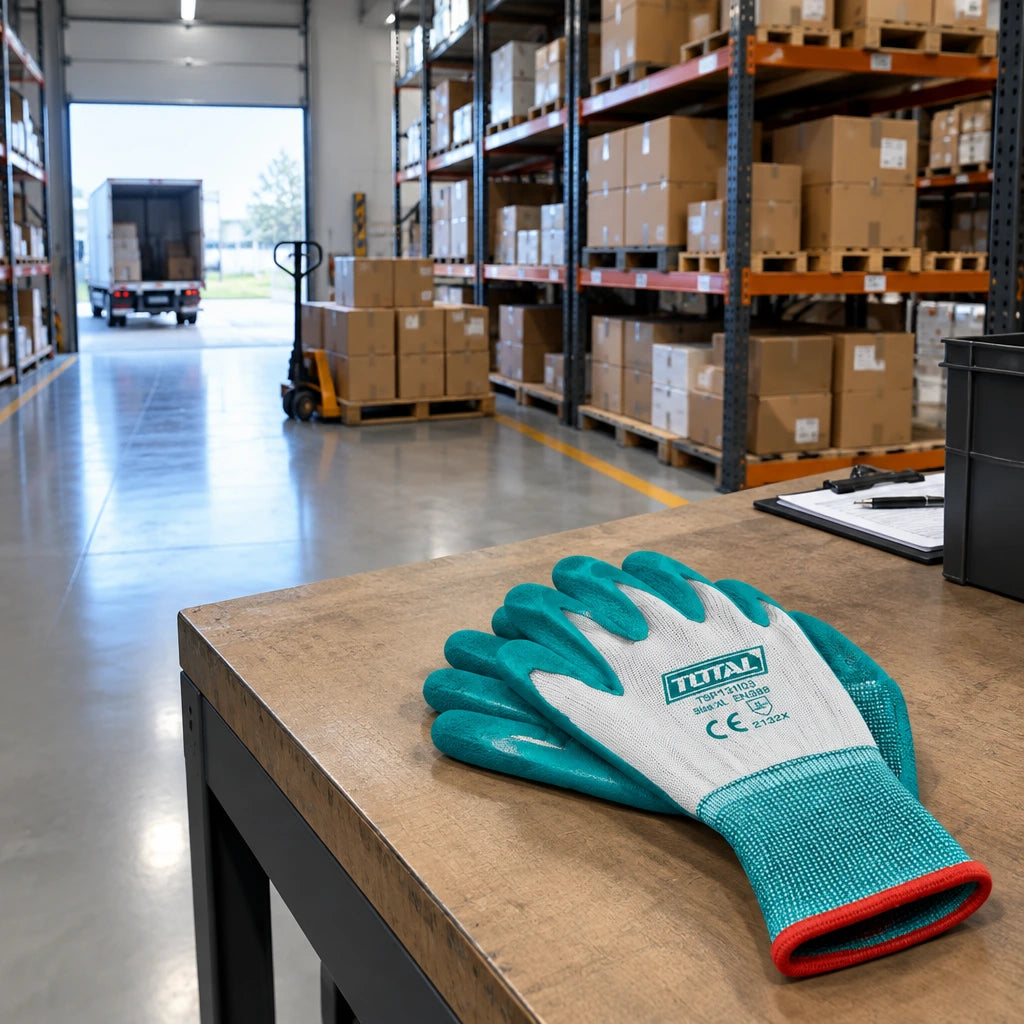 Organised receiving area with staged cartons and inactive Total TSP13103 handling gloves on a workbench.