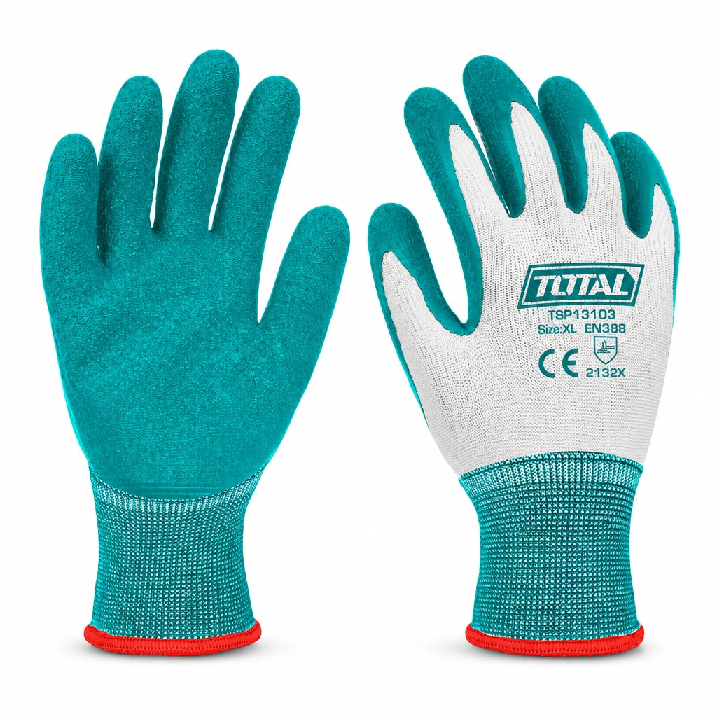 Total TSP13103 XL teal latex-coated handling gloves shown as a pair on a white background.