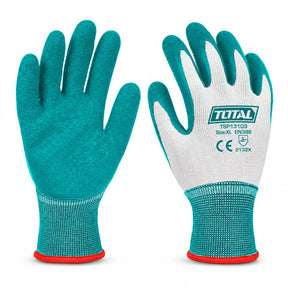Total TSP13103 XL teal latex-coated handling gloves shown as a pair on a white background.
