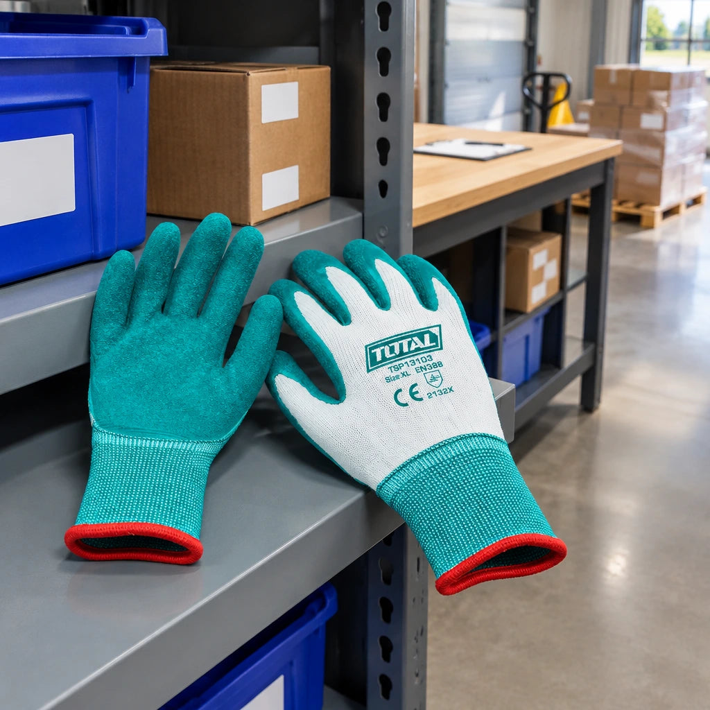 Total TSP13103 latex-coated gloves resting on a shelf in an organised commercial receiving area.