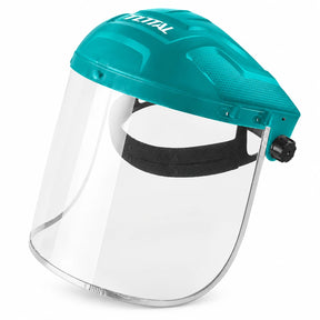 Total TSP631 teal adjustable face shield with clear 39 x 20cm impact-resistant visor and rear fit knob on white background.