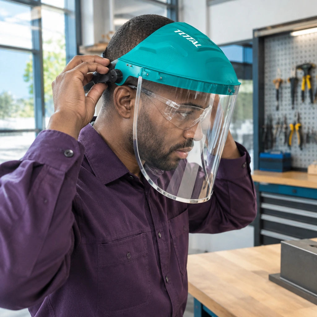 African American maintenance worker tightening the rear knob of a Total TSP631 face shield before a workshop task.