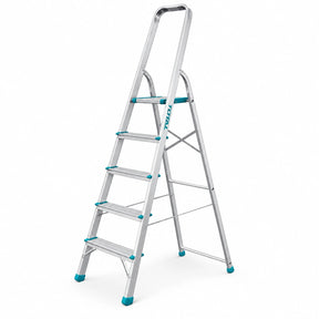Total THLAD06051 five-step aluminium household ladder opened on a white background with teal accents and upper safety handle