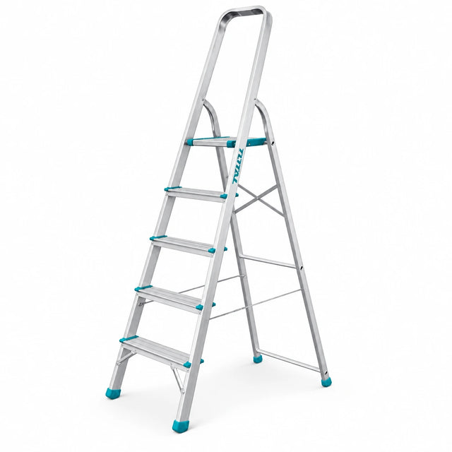 Total THLAD06051 five-step aluminium household ladder opened on a white background with teal accents and upper safety handle