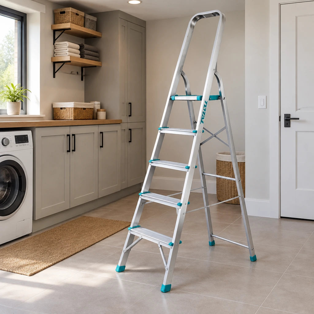 Total five-step aluminium household ladder parked open in a clean contemporary home utility room