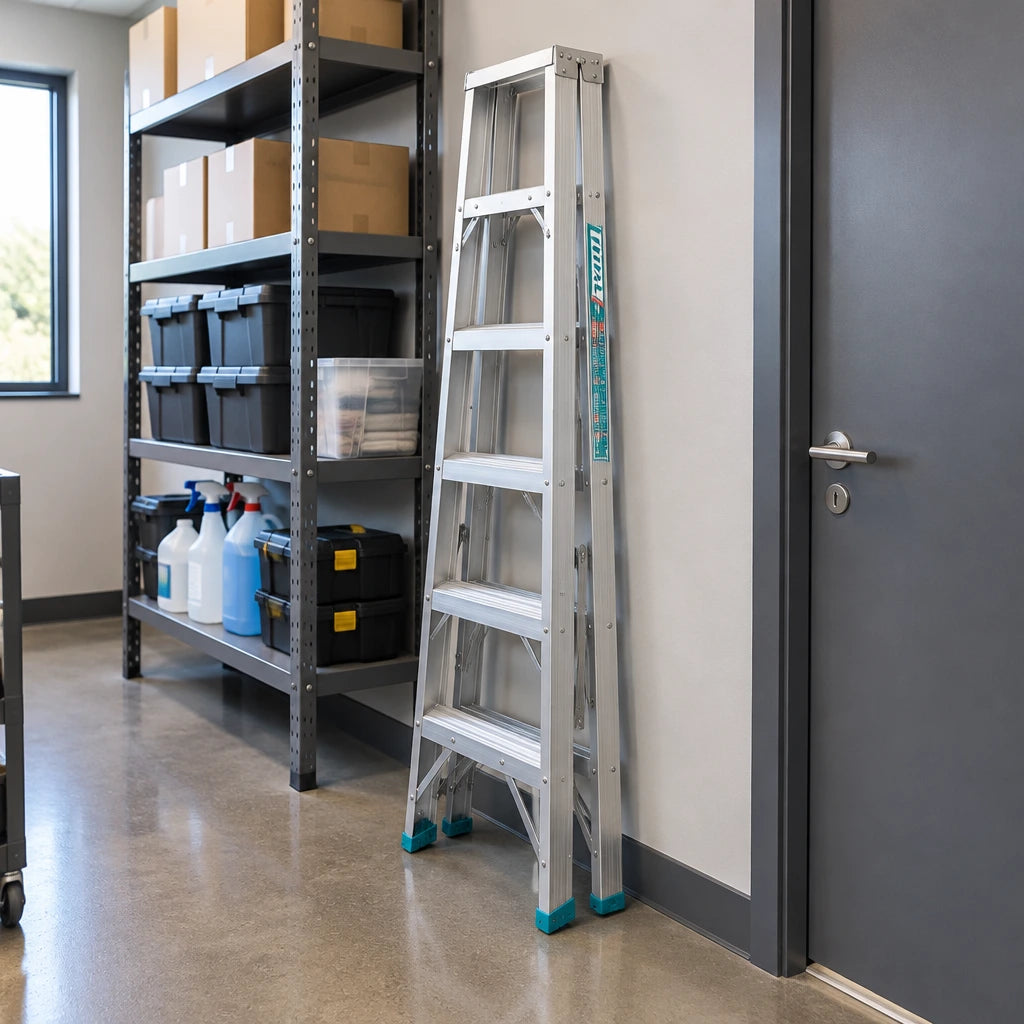 Closed Total THLAD01071 double-sided aluminium ladder parked in an organised retail backroom storage area.