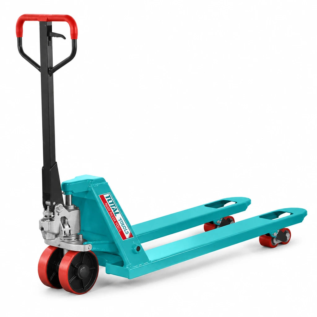Total THT301301 3000kg hand pallet truck with turquoise 1150mm forks and polyurethane wheels on white background.