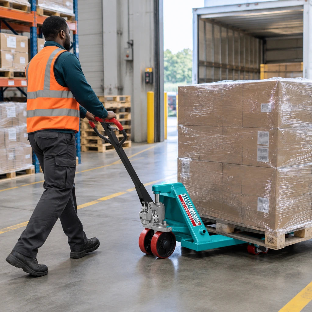 African American warehouse worker manually moving a shrink-wrapped pallet with a Total THT301301 hand pallet truck.