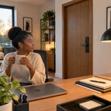 Quiet contemporary home office with a closed Z17 smart lock providing managed interior-door privacy