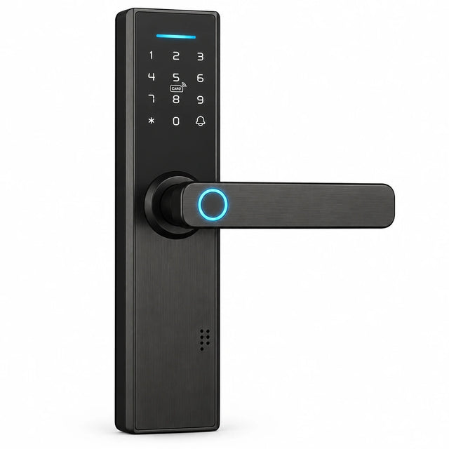 Supply Master Z17 dark graphite smart lever lock with keypad, fingerprint reader and horizontal handle on a white background