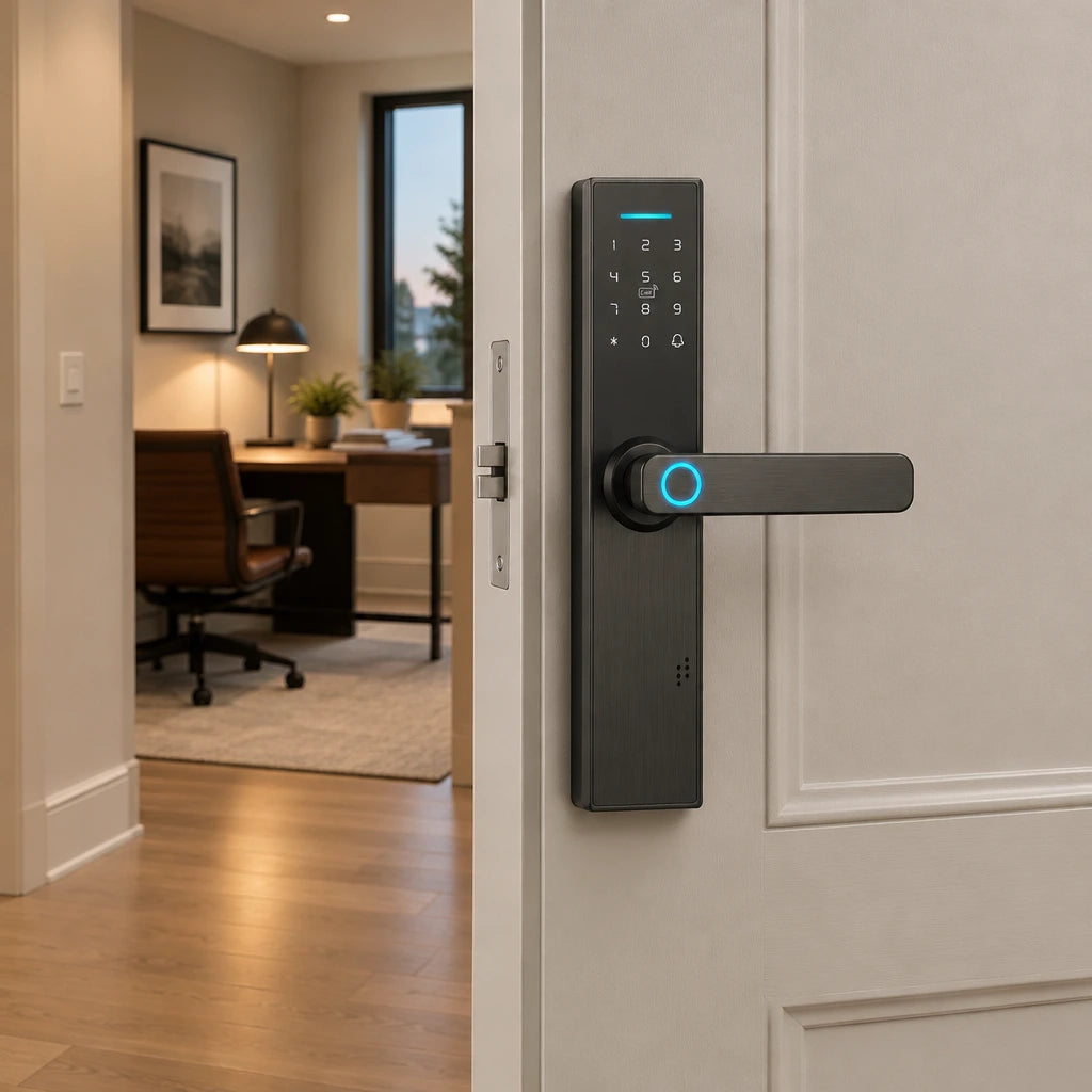 Z17 smart lever lock installed on a closed interior home-office door in a contemporary apartment hallway