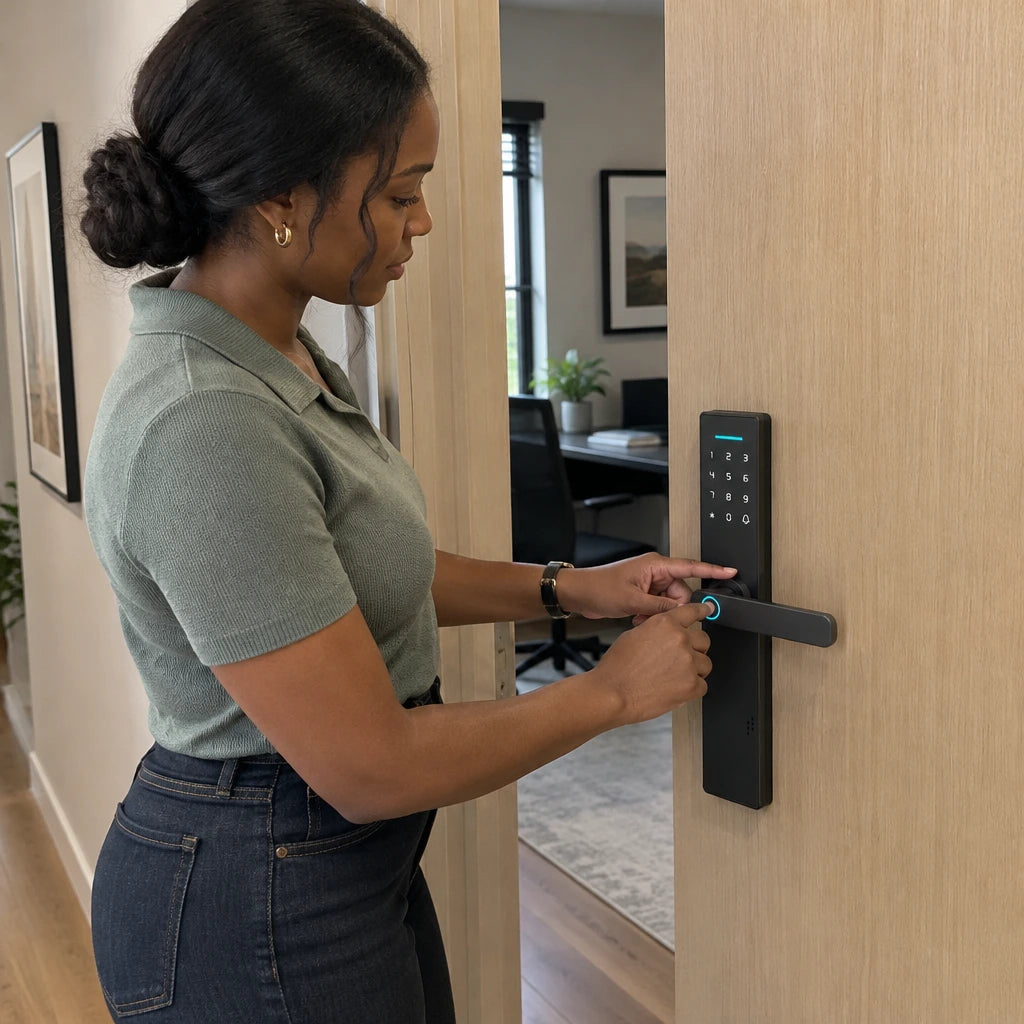 African American resident using the Z17 fingerprint smart lock to open a private home-office door