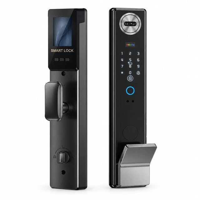 Supply Master C21-6085 black waterproof smart mortise lock set with exterior video intercom panel and matching interior handle on white