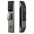 Supply Master K9-6085 full-screen smart mortise smart lock shown as exterior and interior brushed-metal assemblies on white background