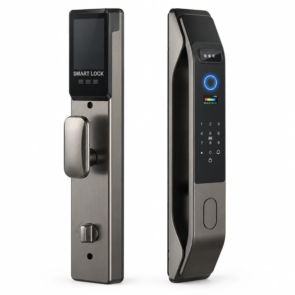 Supply Master K9-6085 full-screen smart mortise smart lock shown as exterior and interior brushed-metal assemblies on white background