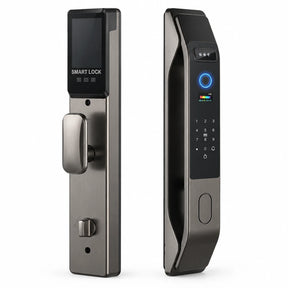 Supply Master K9-6085 full-screen smart mortise smart lock shown as exterior and interior brushed-metal assemblies on white background