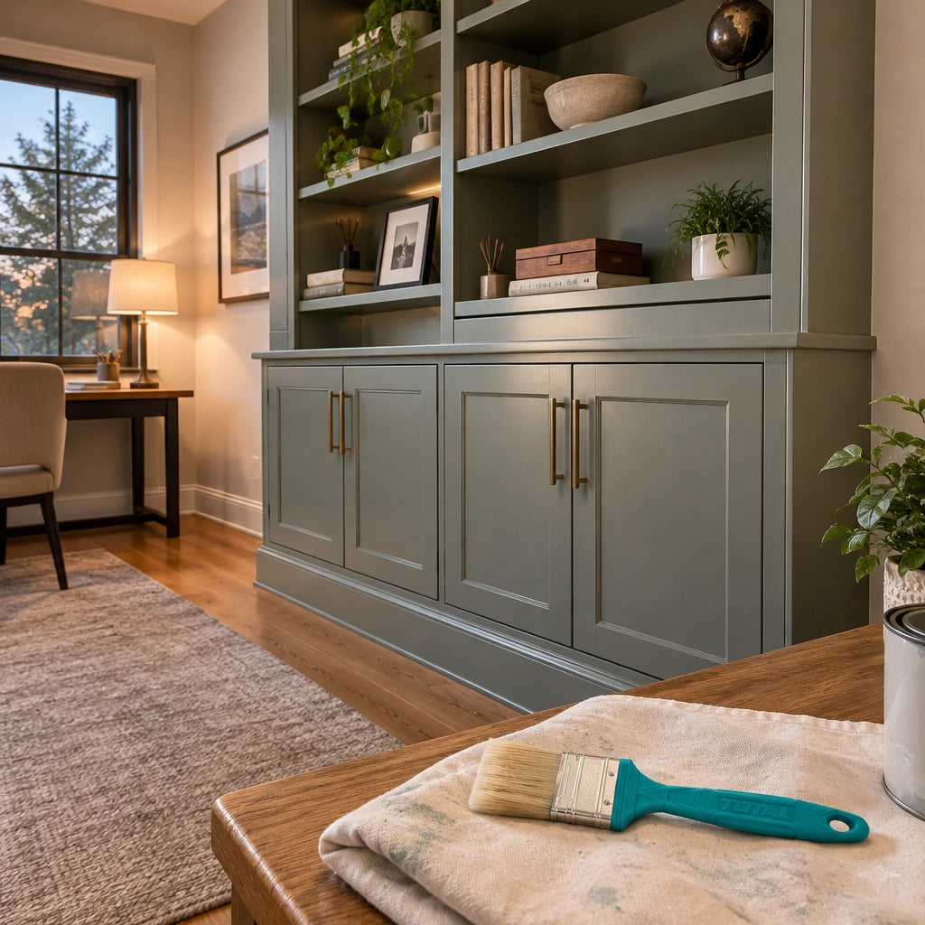 Finished painted built-in cabinet in a contemporary home study with the Total 1-inch oil paint brush set aside nearby