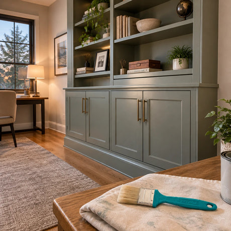 Finished painted built-in cabinet in a contemporary home study with the Total 1-inch oil paint brush set aside nearby