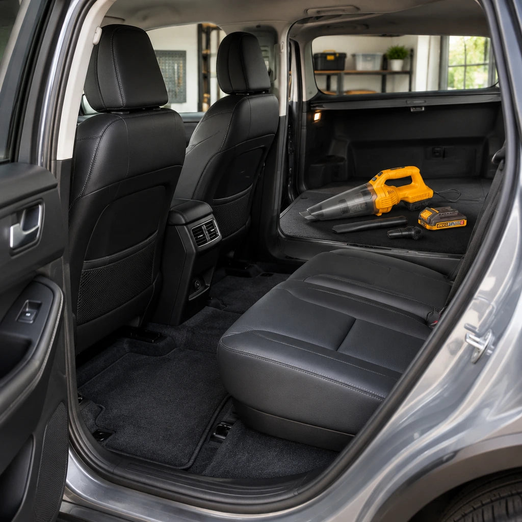 Clean vehicle interior with the Ingco CVLI20126 cordless handheld vacuum resting in the cargo area after use.
